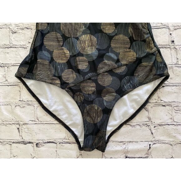 Byron Blue Australia Womans One Piece Swimsuit Black Gold Blue Circle Size 12 - Picture 12 of 16